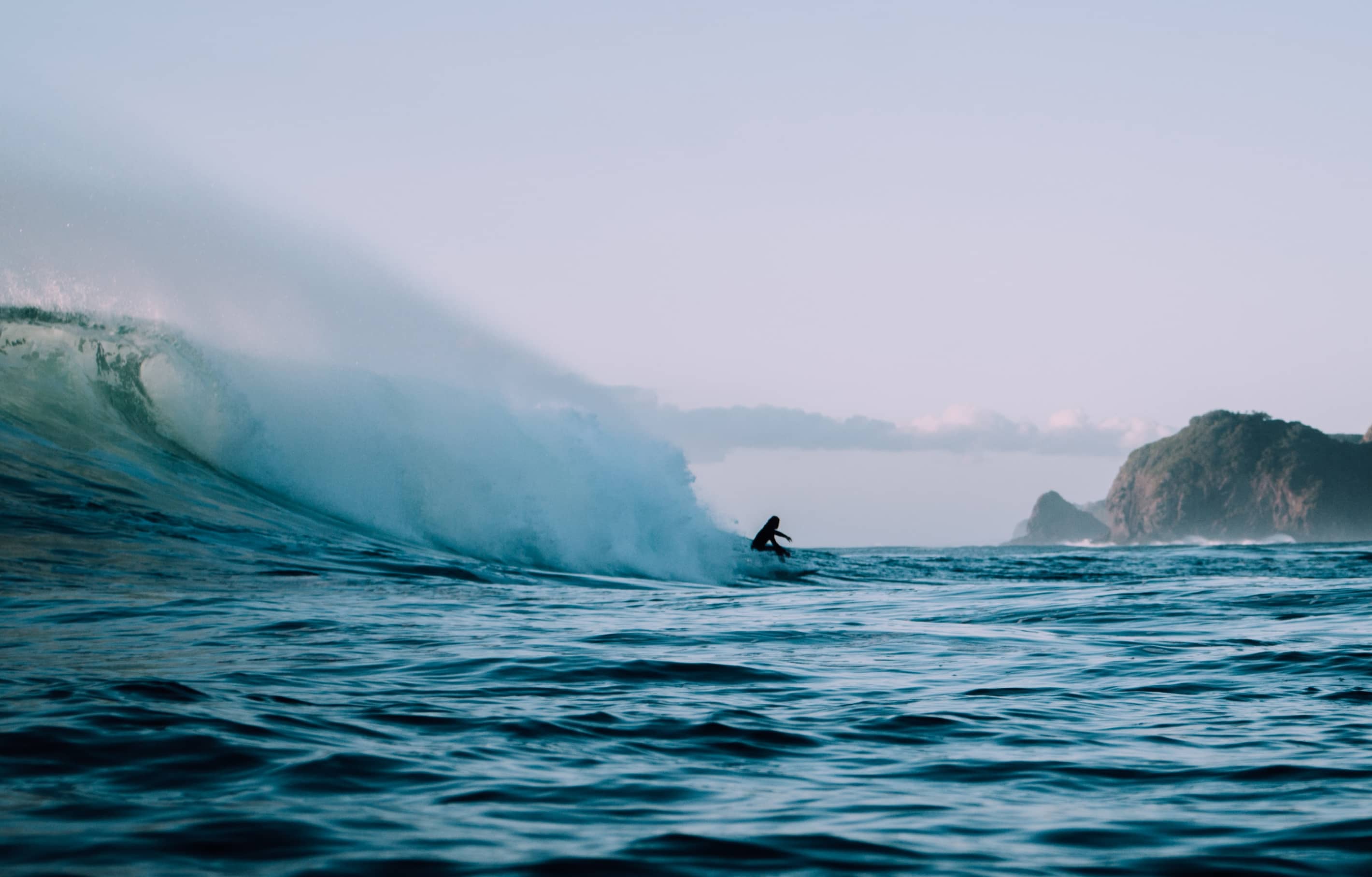 Banner image of a surfer in the ocean.
